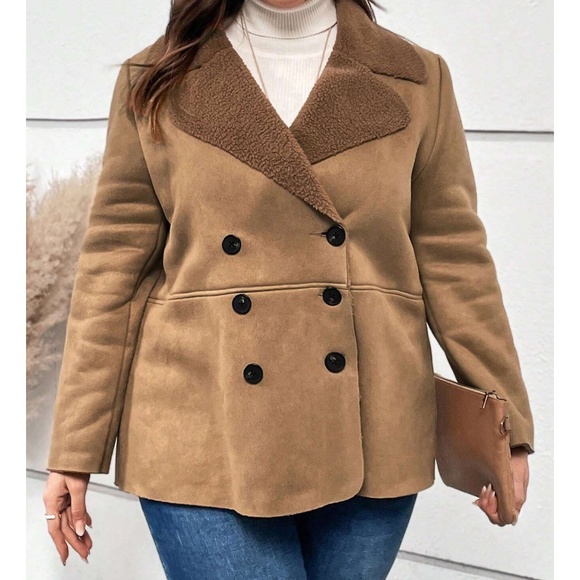 Plus Brown Khaki Teddy Lined button Jacket Coat - Picture 3 of 4